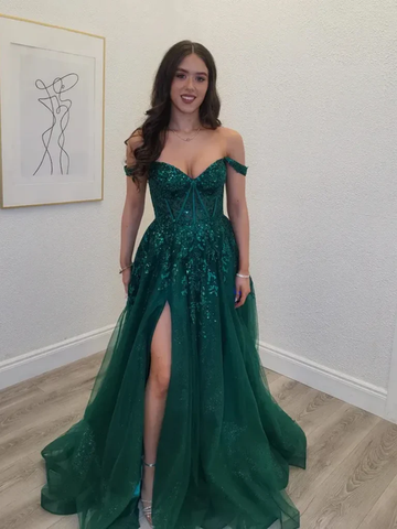 Off the Shoulder Green Lace Long Prom Dresses with Slit, Green Lace Formal Evening Dresses