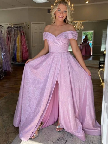 Off The Shoulder Pink Long Prom Dresses with High Slit, Off Shoulder Pink Long  Formal Graduation Evening Dresses