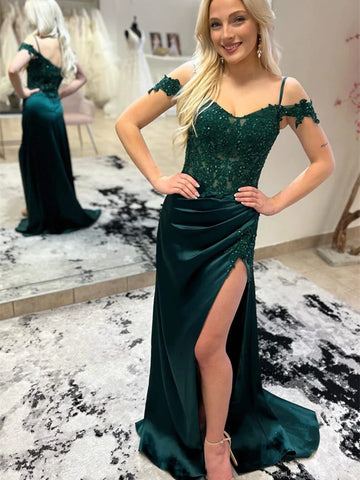 Off Shoulder Beaded Green Lace Long Prom Dresses with High Slit, Green Lace Off the Shoulder Formal Evening Dresses