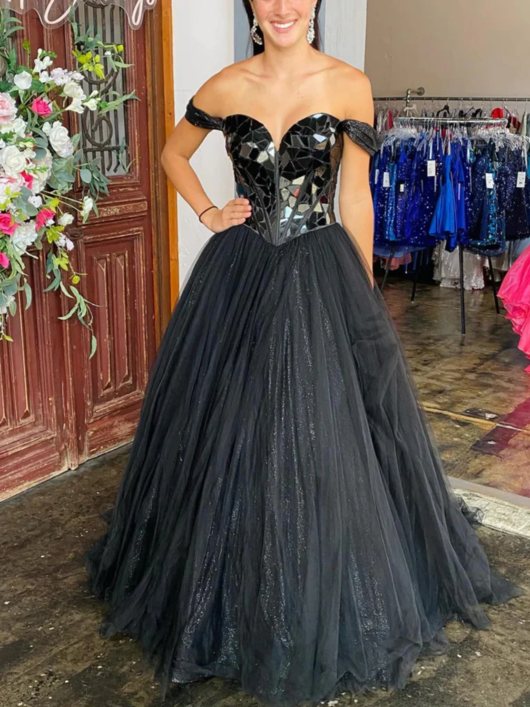 Off Shoulder Black Sequins Tulle Long Prom Dresses, Off Shoulder Black
