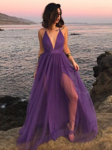 Simple A Line V Neck Purple Tulle Long Prom Dresses with High Slit, V Neck Purple Tulle Formal  Evening Graduation Dresses