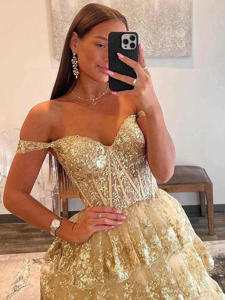 shopluu Gold Tulle Sequin Off Shoulder Long Prom Dress, Gold Formal Evening Dresses US 14 / Gold