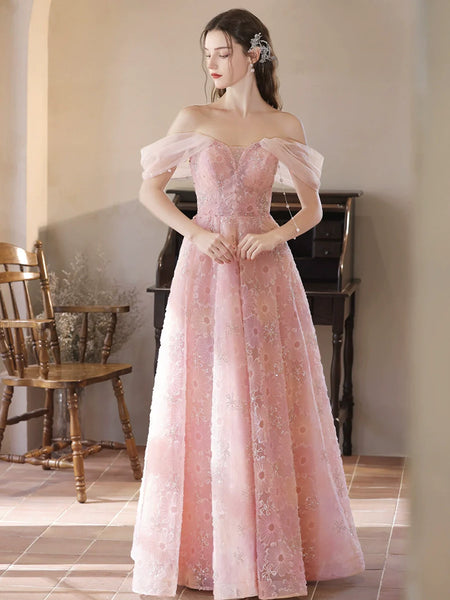 A Line Off Shoulder Pink Lace Long Prom Dresses,  Off The Shoulder Lace Pink Long Formal Evening Dresses