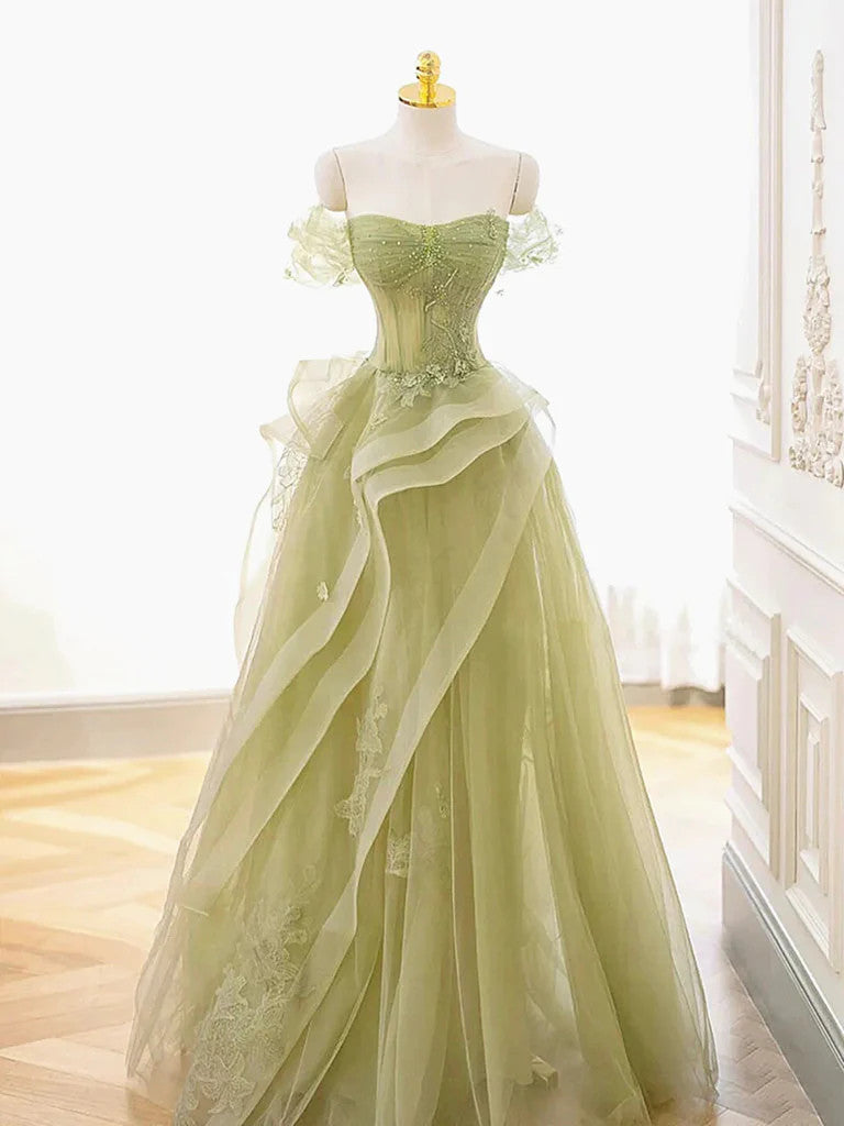 Off the Shoulder Green Beaded Tulle Long Prom Dresses, Off Shoulder Gr morievent Off the Shoulder Green Beaded Tulle Long Prom Dresses, Off Shoulder Gr morievent