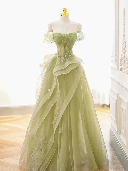 Off the Shoulder Green Beaded Tulle Long  Prom Dresses, Off Shoulder Green Tulle Long Formal Evening Dresses