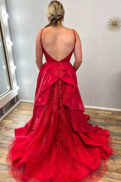 V Neck Red Lace Open Back Long Prom Dresses with Lace Train, Backless Red Lace Long Formal Evening Dresses