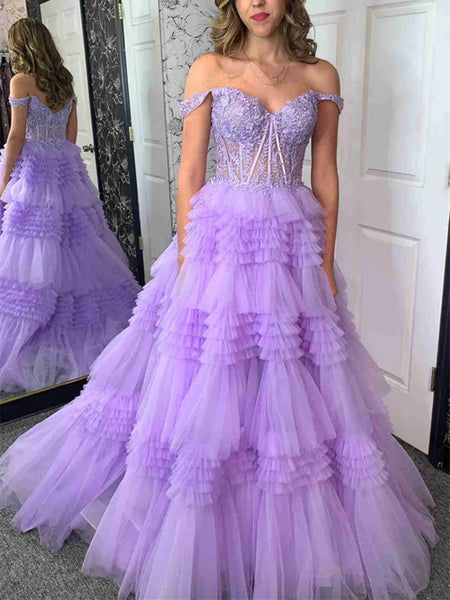 Gorgeous Off Shoulder Purple Lace Long Prom Dresses, Off the Shoulder Lilac Formal Evening Dresses