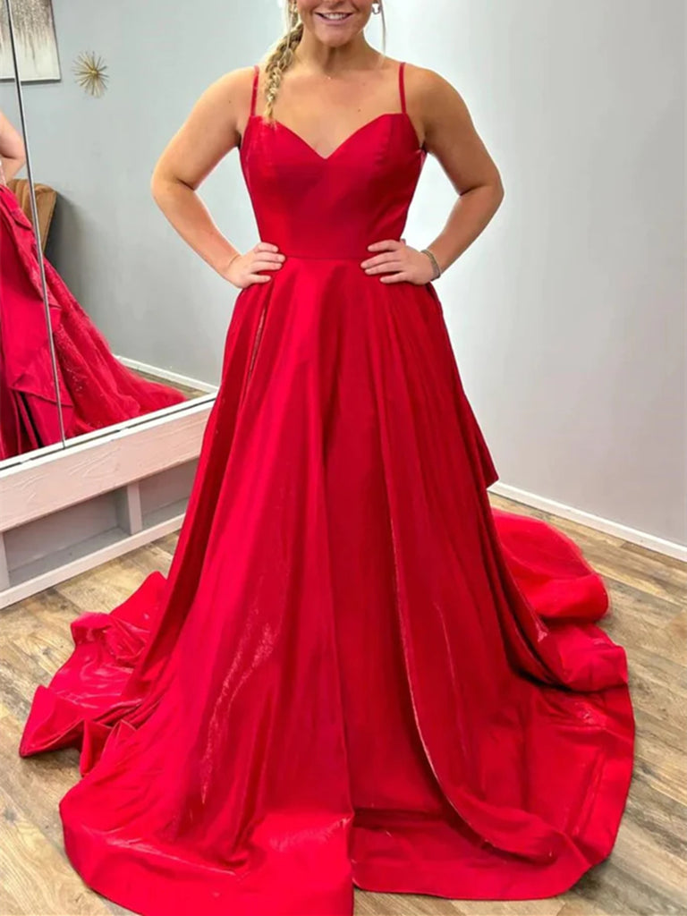V Neck Red Lace Open Back Long Prom Dresses with Lace Train, Backless Red Lace Long Formal Evening Dresses