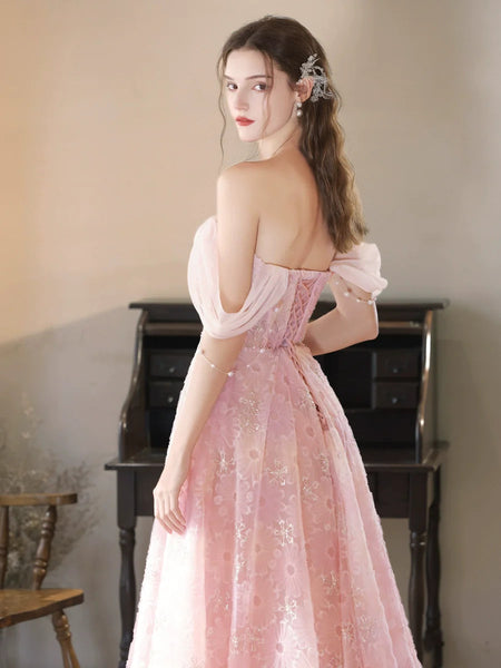 A Line Off Shoulder Pink Lace Long Prom Dresses,  Off The Shoulder Lace Pink Long Formal Evening Dresses