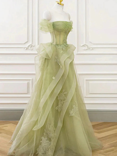 Off the Shoulder Green Beaded Tulle Long  Prom Dresses, Off Shoulder Green Tulle Long Formal Evening Dresses