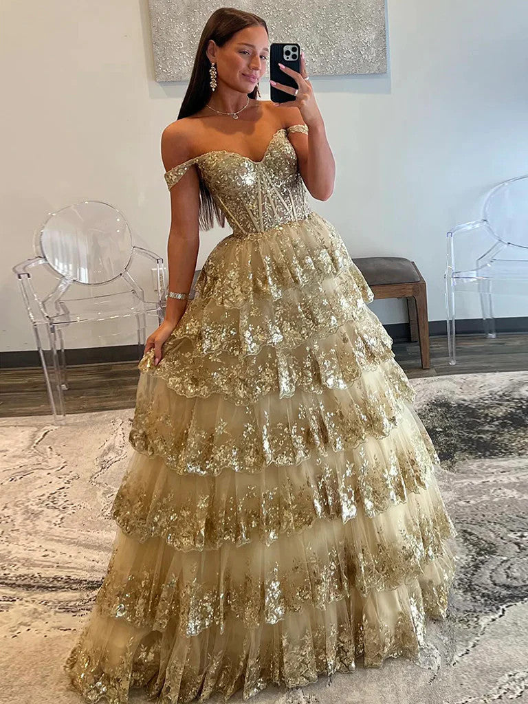 A Line Off Shoulder Golden Sequin Tulle Long Prom Dress, Off The Shoul morievent A Line Off Shoulder Golden Sequin Tulle Long Prom Dress, Off The Shoul morievent