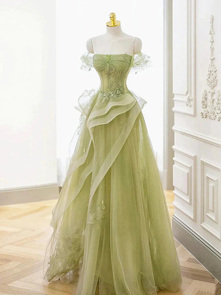 Off the Shoulder Green Beaded Tulle Long  Prom Dresses, Off Shoulder Green Tulle Long Formal Evening Dresses