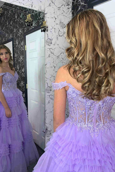 Gorgeous Off Shoulder Purple Lace Long Prom Dresses, Off the Shoulder Lilac Formal Evening Dresses