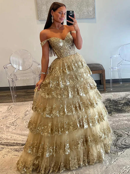 A Line Off Shoulder Golden Sequin Tulle  Long Prom Dress, Off The Shoulder Gold A Line Tulle Formal Evening Dresses