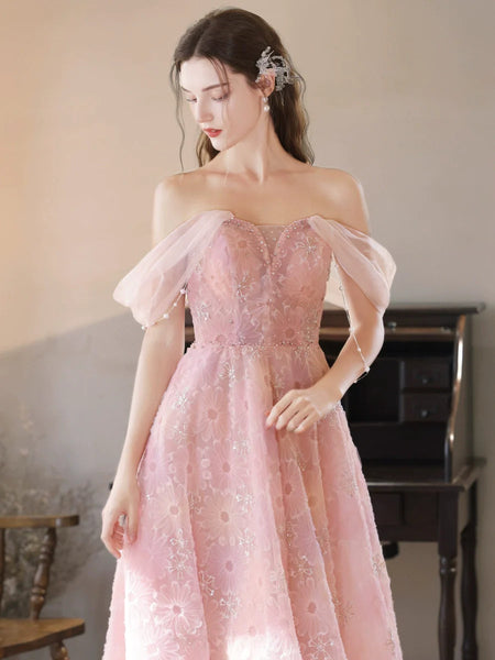 A Line Off Shoulder Pink Lace Long Prom Dresses,  Off The Shoulder Lace Pink Long Formal Evening Dresses