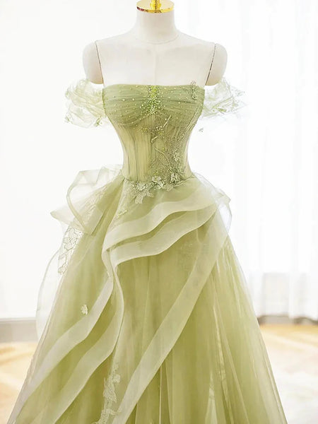 Off the Shoulder Green Beaded Tulle Long  Prom Dresses, Off Shoulder Green Tulle Long Formal Evening Dresses