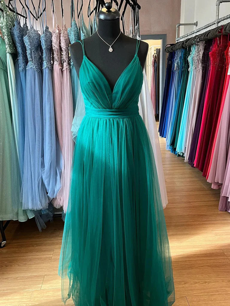 V Neck Dark Green Tulle Long Prom Dresses, Dark Green Tulle Long V Nec morievent V Neck Dark Green Tulle Long Prom Dresses, Dark Green Tulle Long V Nec morievent