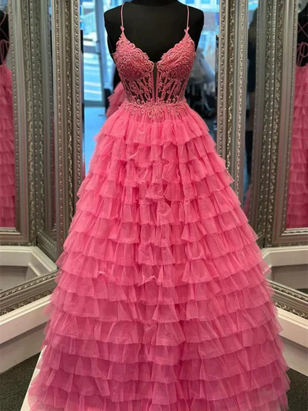 A Line V Neck Open Back Pink Lace Ruffle Tiered Long Prom Dresses,  V Neck Backless Hot Pink Lace Formal Evening Dresses
