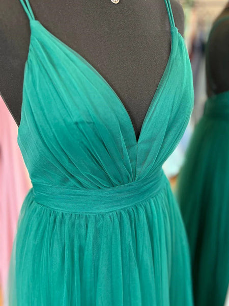 V Neck Dark Green Tulle Long Prom Dresses, Dark Green Tulle Long V Neck Formal Evening Dresses