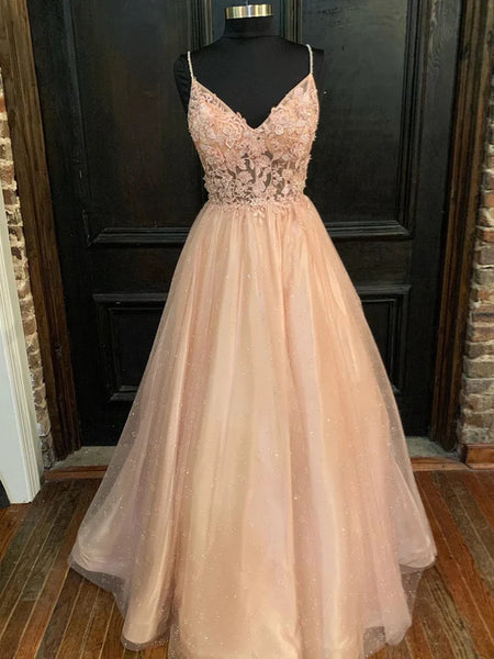 V Neck Blush Pink Lace  Long Prom Dresses, V Neck Blush Pink Long Formal Evening Dresses