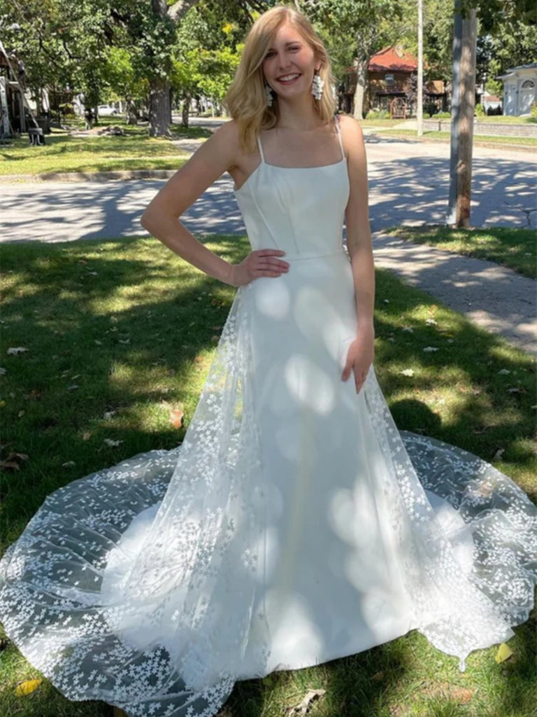 Cute A Line White Lace Long Prom Dresses with Train, White Lace Formal morievent Cute A Line White Lace Long Prom Dresses with Train, White Lace Formal morievent