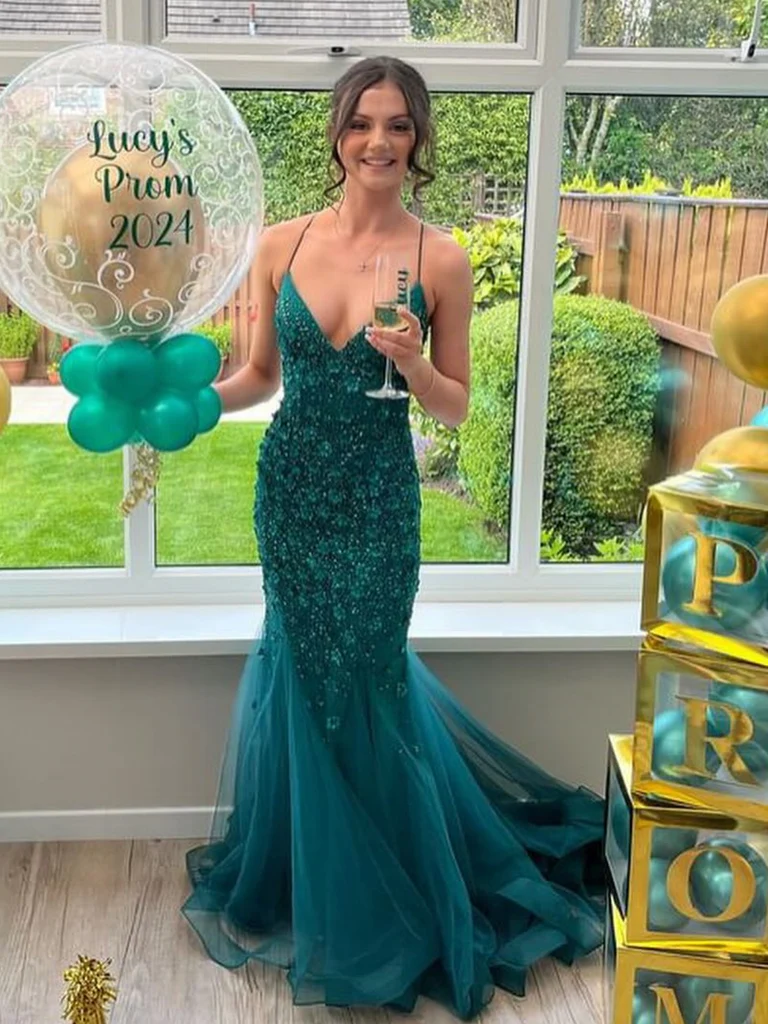 V Neck Mermaid Green Lace Long Prom Dresses, Long Green Lace Mermaid F morievent V Neck Mermaid Green Lace Long Prom Dresses, Long Green Lace Mermaid F morievent