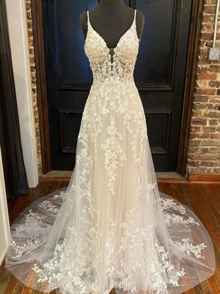 V Neck Open Back Ivory Lace Long Prom Dresses with Train, Ivory Lace W morievent V Neck Open Back Ivory Lace Long Prom Dresses with Train, Ivory Lace W morievent