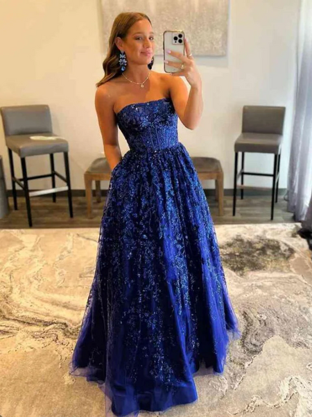 Strapless Navy Blue Lace Long Prom Dresses with Pocket, Navy Blue Lace Formal Evening Dresses