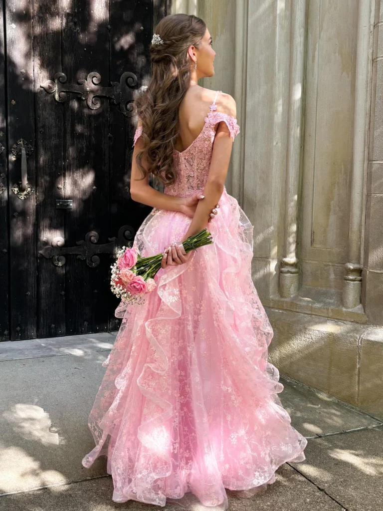 Off The Shoulder V Neck Fluffy Pink Lace Floral Long Prom Dresses with morievent Off The Shoulder V Neck Fluffy Pink Lace Floral Long Prom Dresses with morievent