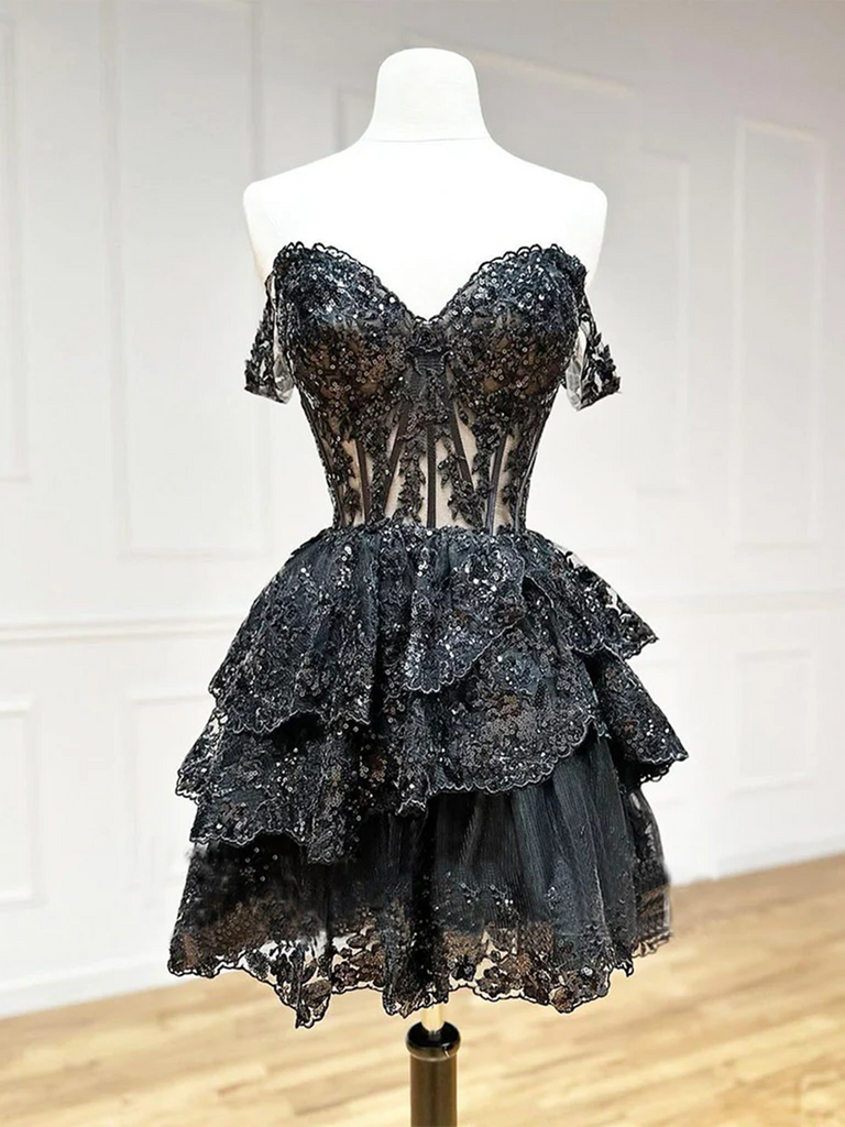 A Line Sequin Black Tulle Short Prom Dresses, Black Lace Tulle Short Formal Evening Homecoming Dresses