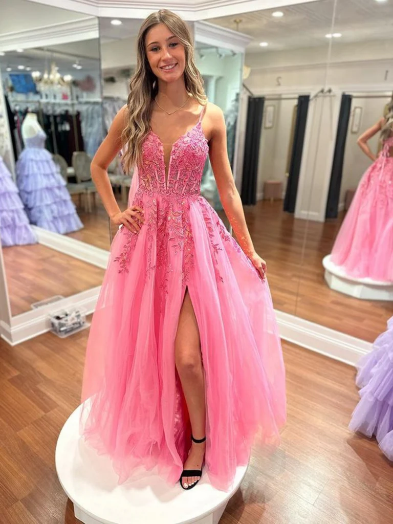A Line V Neck Hot Pink Lace Long Prom Dresses with High Slit, Open Bac morievent A Line V Neck Hot Pink Lace Long Prom Dresses with High Slit, Open Bac morievent