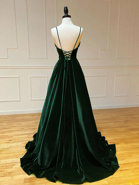 Simple A Line V Neck Velvet Green Long Prom Dresses, Simple A Line V Neck Velvet Green Long Formal Evening Dresses