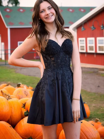 A Line V Neck Backless Black Lace Short Prom Dresses, Black Formal Graduation Evening Dresses