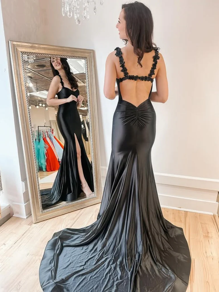 black prom dress low back Backless Black Striped Sequin Mermaid Prom Dress