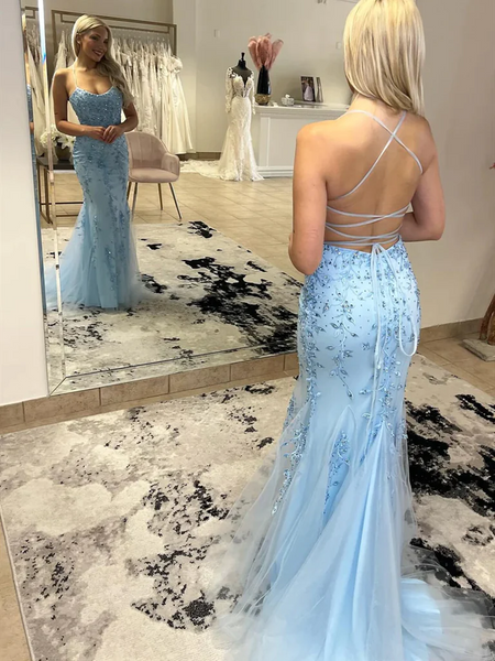 Open Back Blue Lace Mermaid Prom Dresses，Backless Mermaid Beaded Blue Lace Long Formal Evening Dresses