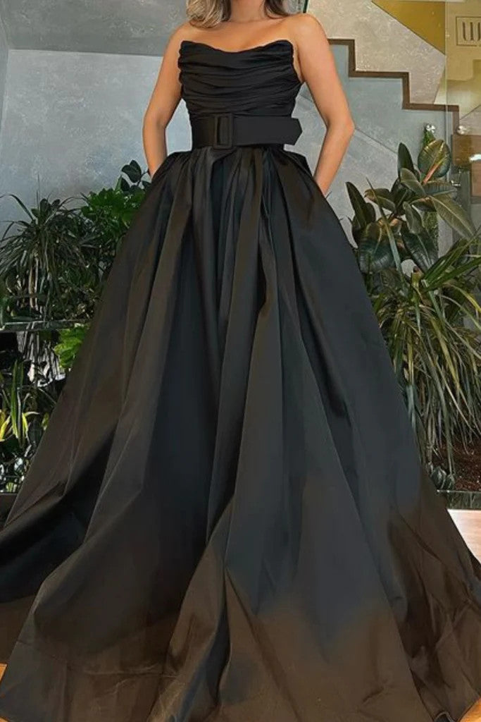 Strapless Pleated Green/Black Satin Long Prom Dresses, A Line Green/Bl morievent Strapless Pleated Green/Black Satin Long Prom Dresses, A Line Green/Bl morievent