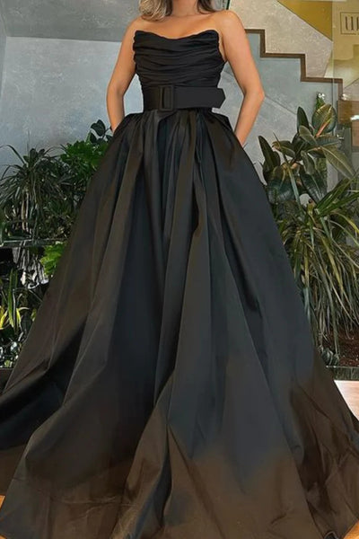 Strapless Pleated Green/Black Satin Long Prom Dresses, A Line Green/Black Satin Long Formal Evening Graduation Dresses