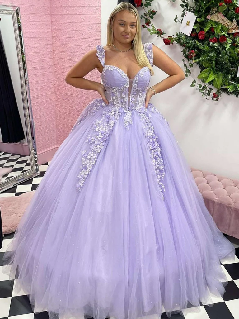 V Neck Lavender Lace Long Prom Dresses, Lavender Lace Formal Evening D