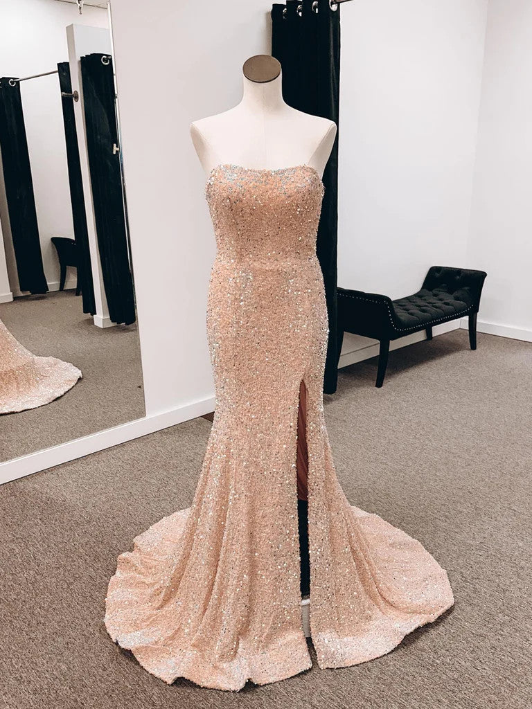 champagne pink mermaid prom dress 2019 Gorgeous Champagne Pink Long Sleeves Mermaid Formal Mother Prom Dress, Evening Dress With Ruffles,p1807