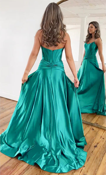 Simple A Line Gree Satin Long Prom Dresses, Satin Green Long Formal Evening Dresses