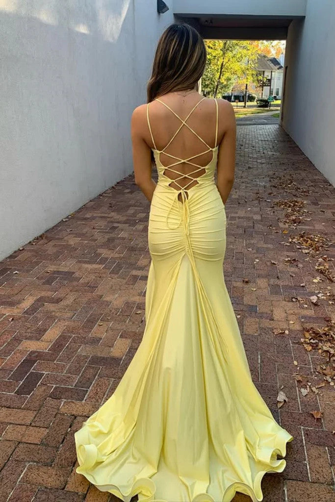 V Neck Mermaid Yellow Satin Long Prom Dresses with Leg Slit, Mermaid Y morievent V Neck Mermaid Yellow Satin Long Prom Dresses with Leg Slit, Mermaid Y morievent
