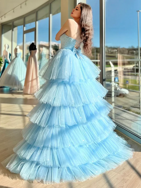 Blue Sweetheart Neck Open Back Strapless Beaded High Low Tulle Long Pr ... Blue Sweetheart Neck Open Back Strapless Beaded High Low Tulle Long Pr ...