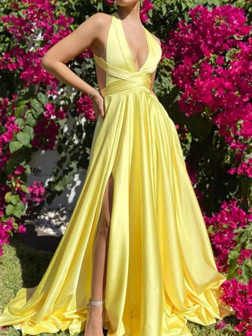 Simple A Line V Neck Open Back Yellow Long Prom Dresses with High Slit, Backles Yellow Satin Long Formal  Evening Graduation Dresses