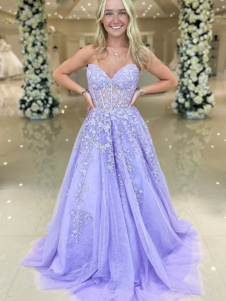 Strapless Purple Lace Long Prom Dresses, Strapless Long Purple Lace Fo morievent Strapless Purple Lace Long Prom Dresses, Strapless Long Purple Lace Fo morievent