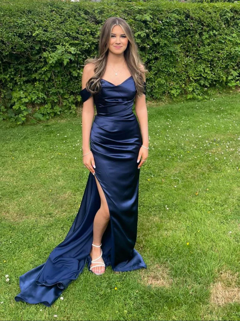 Simple Off the Shoulder Mermaid Navy Blue Satin Long Prom Dresses with Slit, Off Shoulder Mermaid Navy Blue  Formal Graduation Evening Dresses