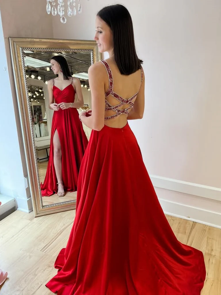 A Line V Neck Backless Red Long Prom Dresses with High Slit, V Neck Op morievent A Line V Neck Backless Red Long Prom Dresses with High Slit, V Neck Op morievent
