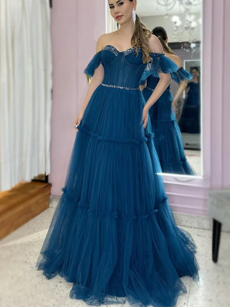 Strapless A Line Blue Tulle Beaded Long Prom Dresses, Off Shoulder Sweetheart Blue Tulle Beaded Formal Evening Dresses