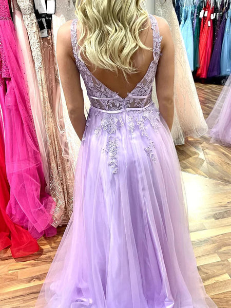 V Neck Backless Purple Lace Long Prom Dresses,  V Neck Purple Long Lace Formal Evening Dresses