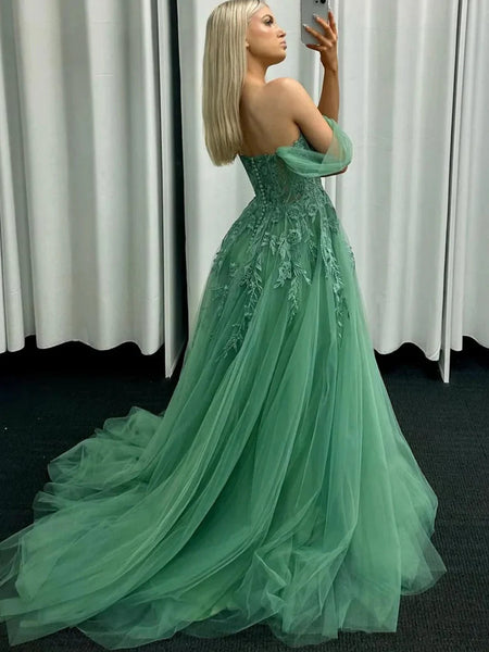 Off the Shoulder Green Lace Tulle Long Prom Dresses, Off Shoulder Lace Green Formal Evening Dresses