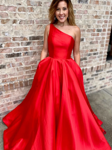 Simple  One Shoulder Red Satin Long Prom Dresses with Pockets, A Line One Shoulder Red Formal Evening Graduation Dresses